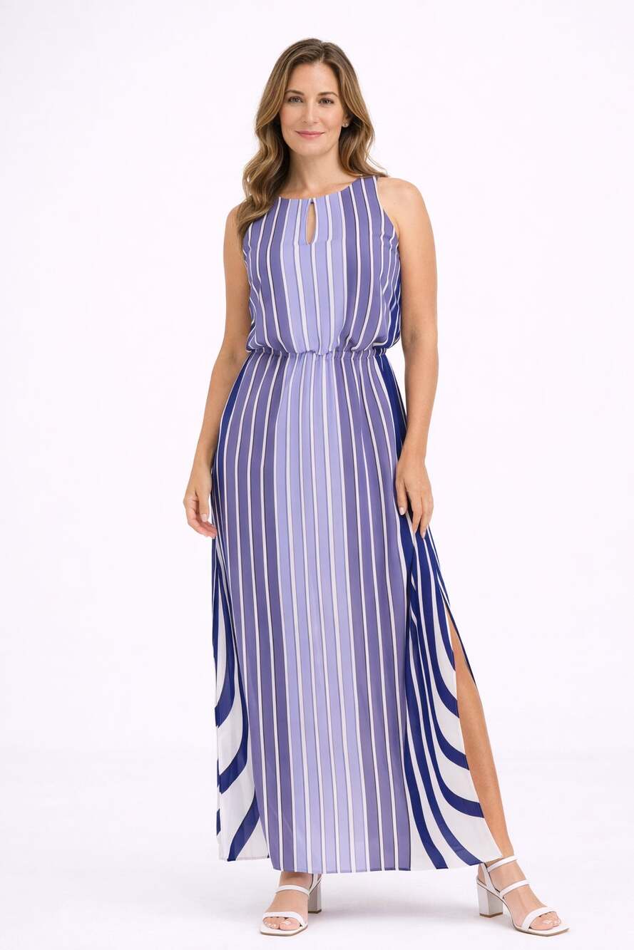 Adrianna Papell Mixed Stripe Maxi Dress Purple Sleeveless Womens Size 6 New
